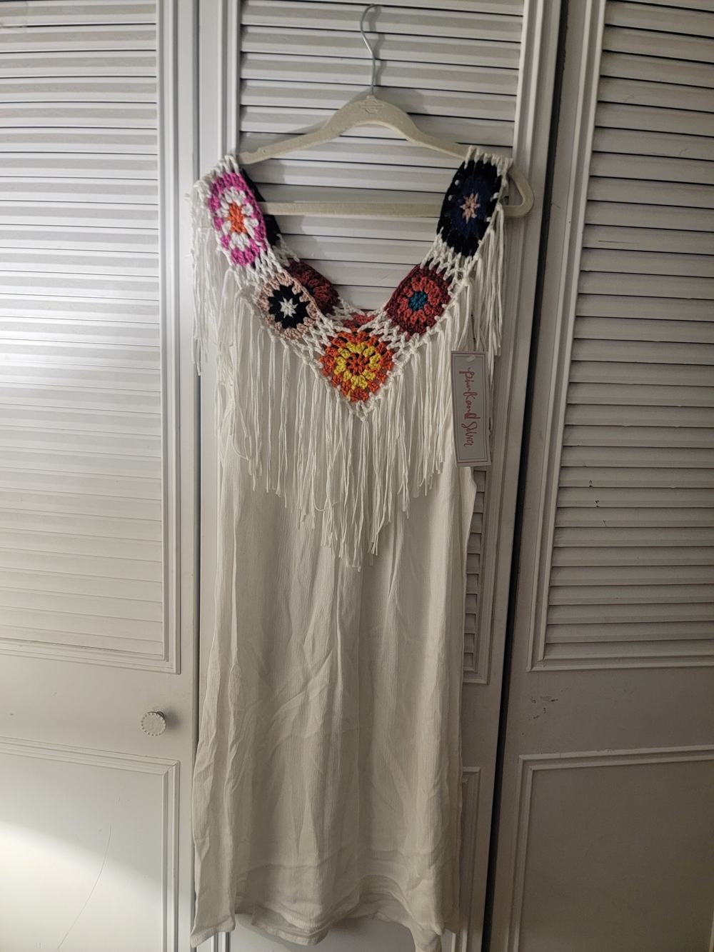 White Maxi Dress with Colorful Crochet Yoke and Fringe